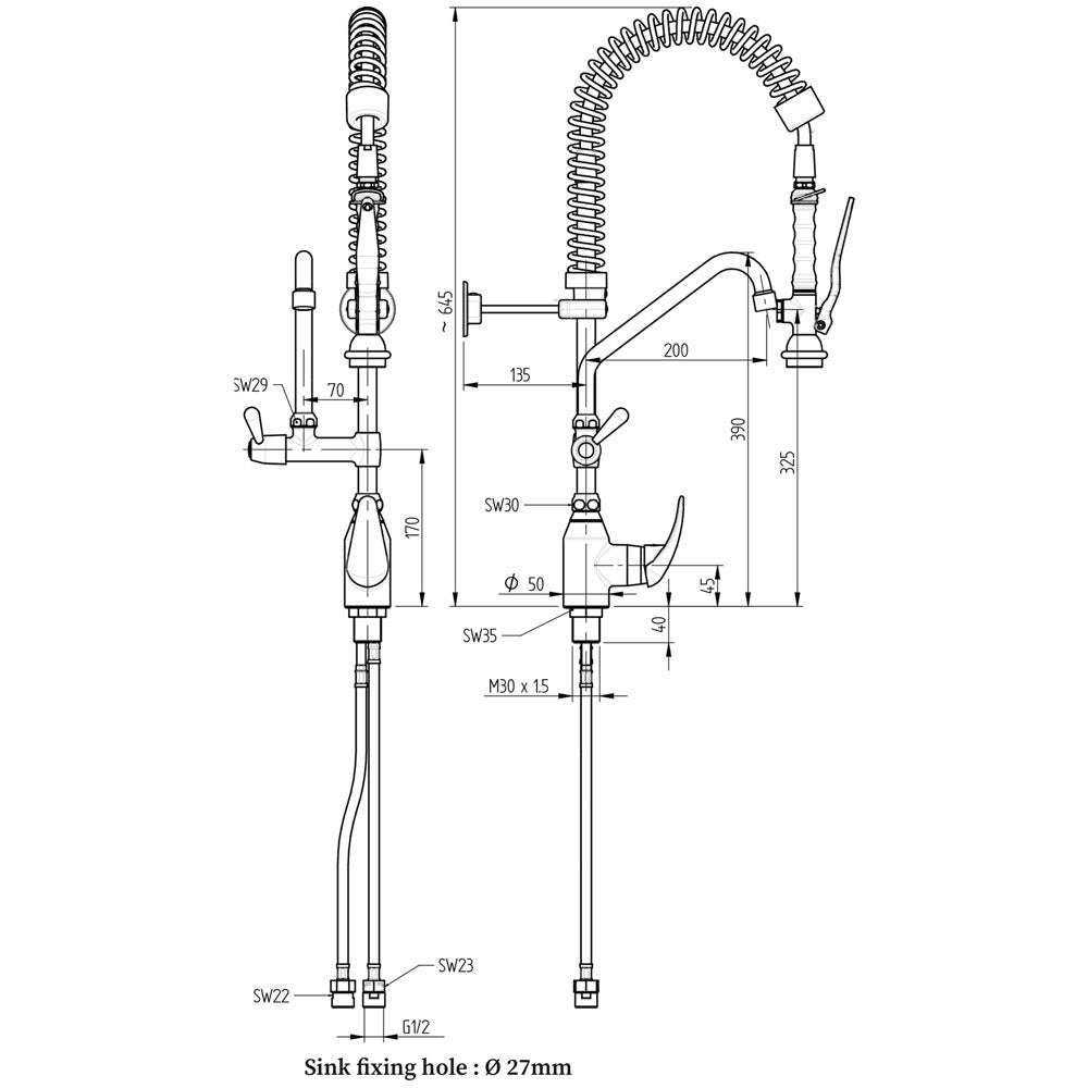Douchette acier inox et robinet avec groupe mitigeur monocommande (Sortie MONO)