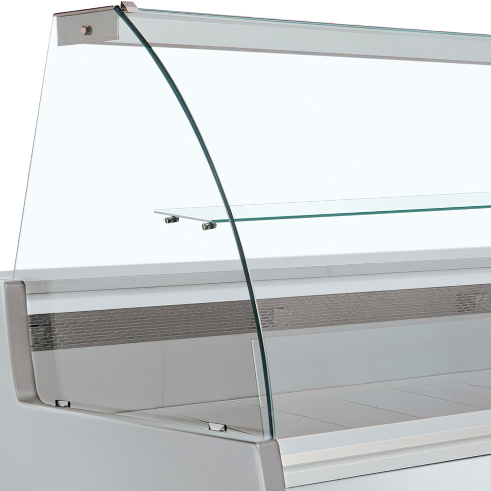 Vitrine réfrigérée à vitre bombée Diamond, ventilée, avec réserve, design gris et blanc pour produits exposés.