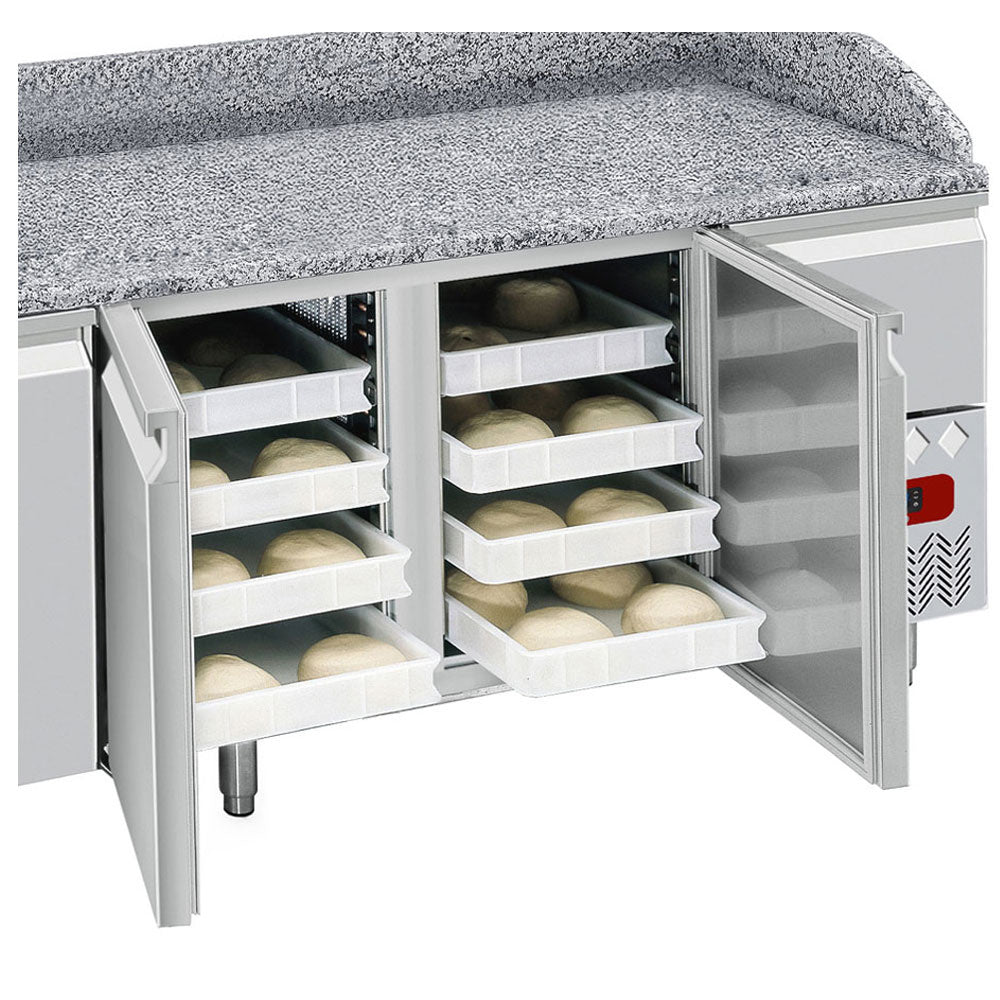Table frigo 2 portes 600x400, 1 tiroir neutre (4x bacs 600x400)+Kit 6 Roues inox pour tables, pivotantes, 2x avec freins