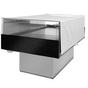 Vitrine self-service réfrigérée panoramique Diamond gris/noir avec portes en verre pour présentation de produits alimentaires.