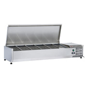 Table frigo pizzeria, 1 porte EN 600x400, 5 tiroirs neutres EN 600x400, sur roues, 2 avec freins