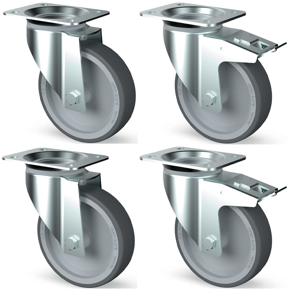 Kit 4 roues inox, pivotantes, 2x freins