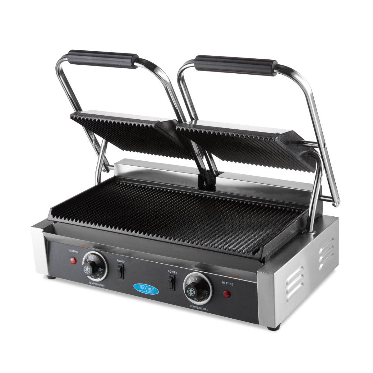 Plaque de gril double rainurée de 22 cm pour grill de contact Maxima, en acier robuste pour cuisson uniforme.