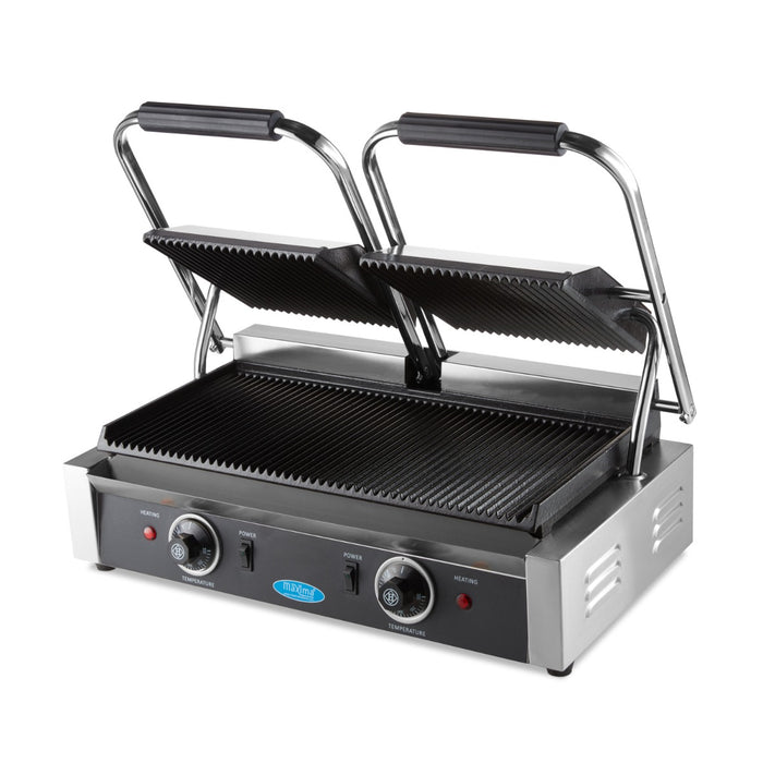 Plaque de gril double rainurée Maxima pour grill de contact, dimensions 2 x 22 cm, surface de cuisson en métal robuste