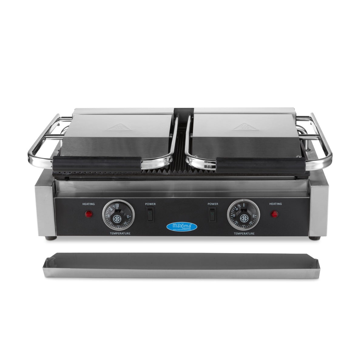 Plaque de gril double rainurée Maxima pour grill de contact, dimensions 2 x 22 cm, surface en métal pour cuisson.