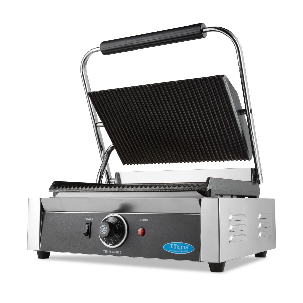 Plaque de grill en contact rainurée Maxima, 33,5 cm, pour grill de contact simple, surface antiadhésive, idéale pour cuisson uniforme.