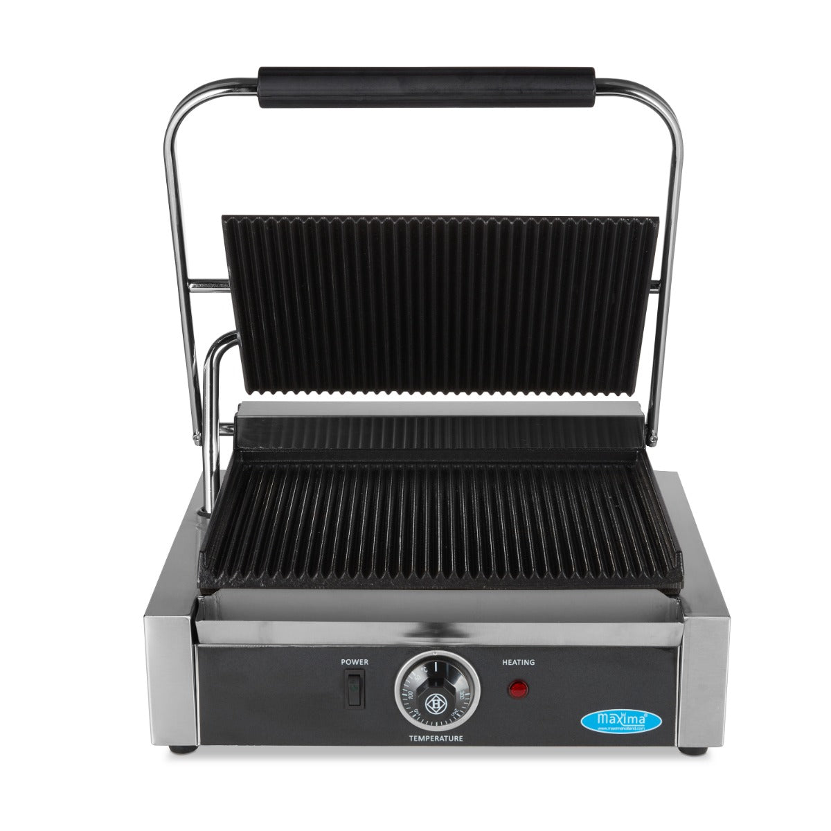 Plaque de gril simple rainurée pour grill de contact Maxima, 33,5 cm, surface en acier pour cuisson uniforme.