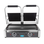 Plaque de gril double lisse Maxima pour grill de contact, surface de 2 x 22 cm, en acier inoxydable pour cuisson uniforme.