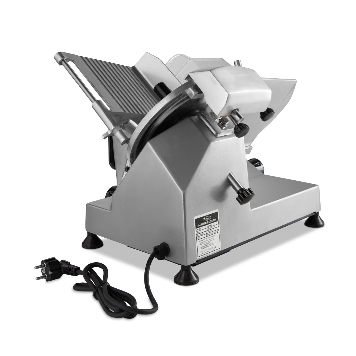 Trancheuse Maxima avec lame de 22 cm pour trancher la viande, image montrant la lame en action.