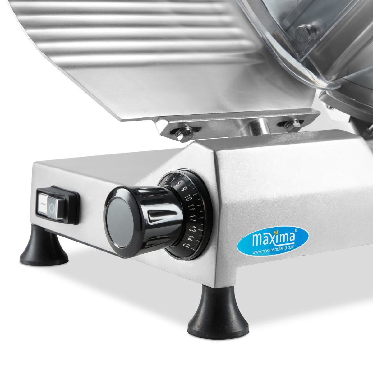 Trancheuse Maxima avec lame de 30 cm pour trancher la viande, vue de face avec lame en acier inoxydable.