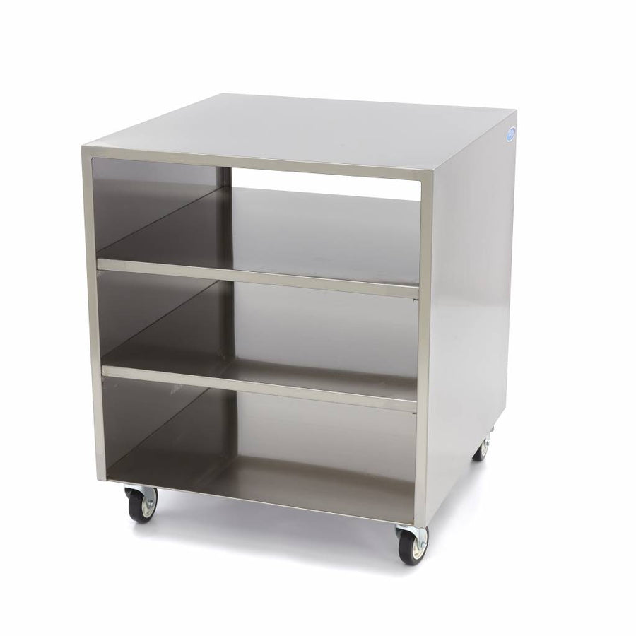 Table de machine en acier inoxydable Maxima, meuble bas avec roues, dimensions 60x60 cm, capacité de charge 120 kg, robuste et mobile.
