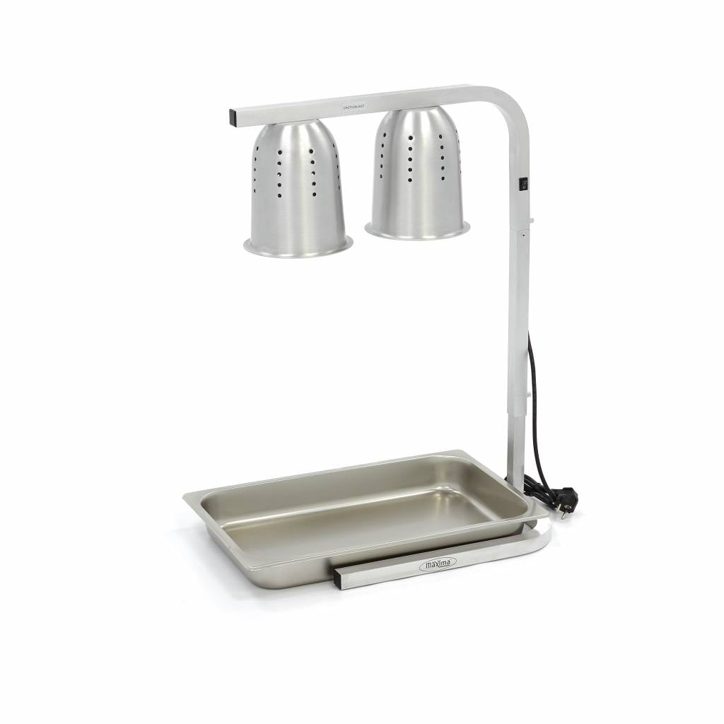 Lampe chauffante Maxima à double lampe avec récipient GN 1/1, idéale pour le maintien et la cuisson des aliments.