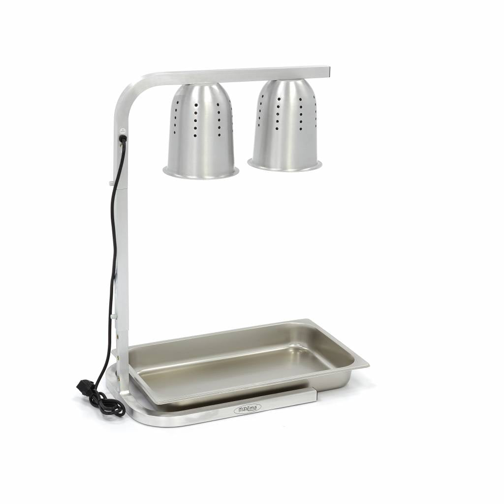 Lampe chauffante Maxima double avec deux lampes et récipient 1/1 GN pour maintien chaud des aliments.