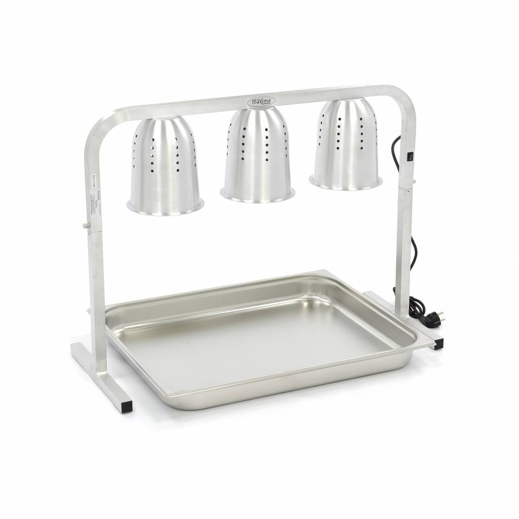 Lampe chauffante Maxima avec 3 lampes et récipient GN 2/1, idéale pour la restauration et la cuisine professionnelle.
