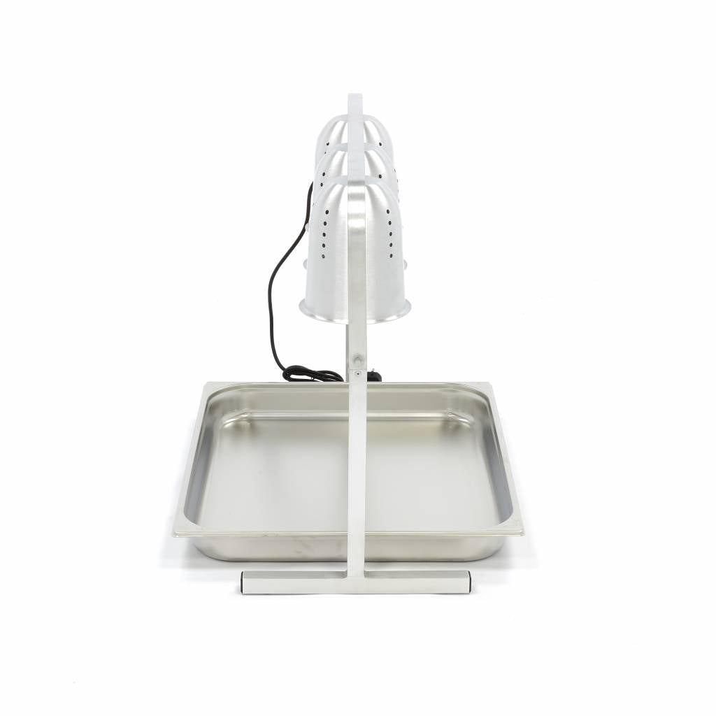Lampe chauffante Maxima avec 3 lampes et récipient 2/1 GN pour maintien de température en cuisine professionnelle.