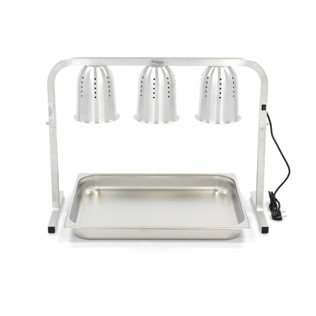 Lampe chauffante Maxima avec 3 lampes et récipient GN 2/1, idéale pour chauffage professionnel en cuisine.