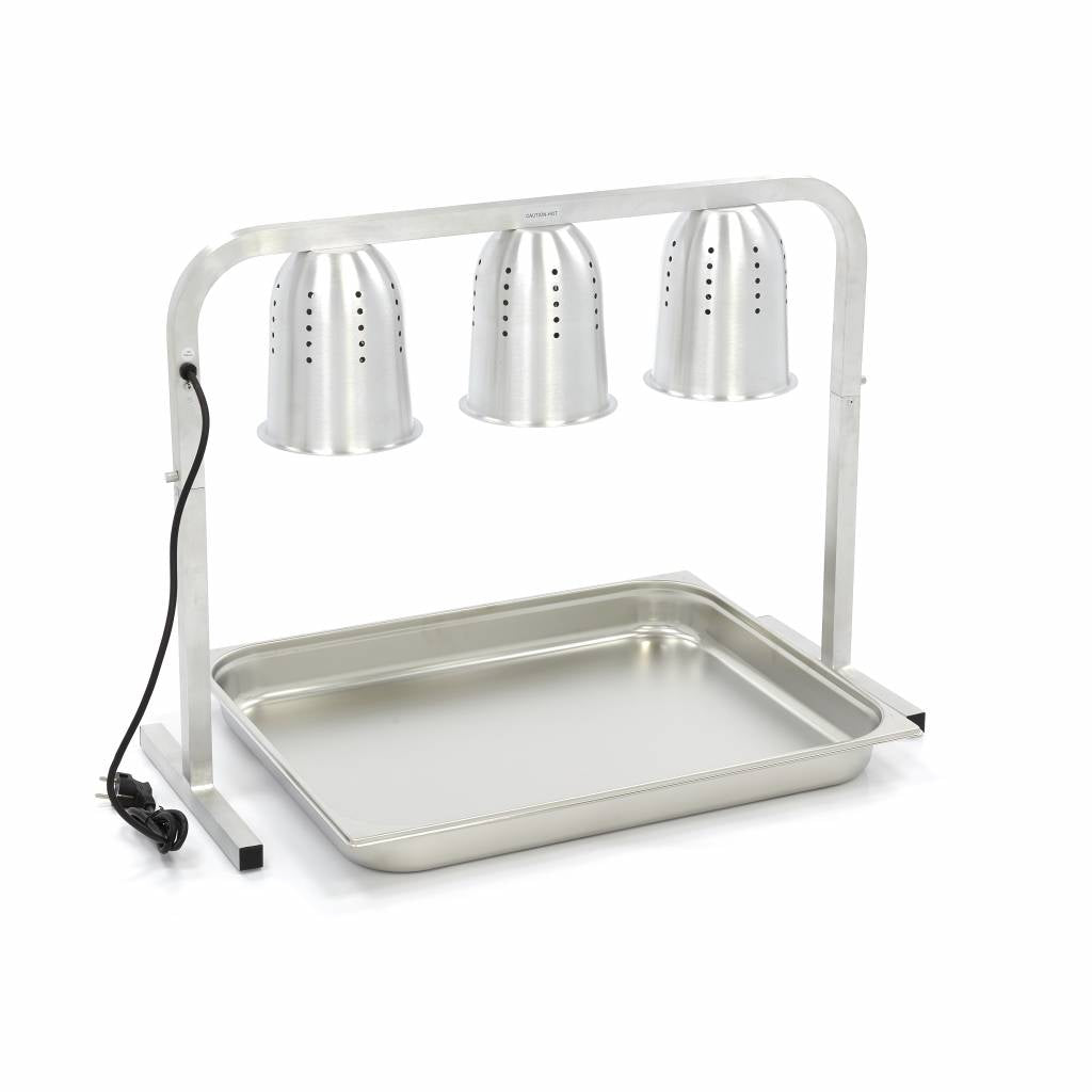 Lampe chauffante Maxima avec 3 lampes et récipient 2/1 GN pour chauffage professionnel en cuisine.