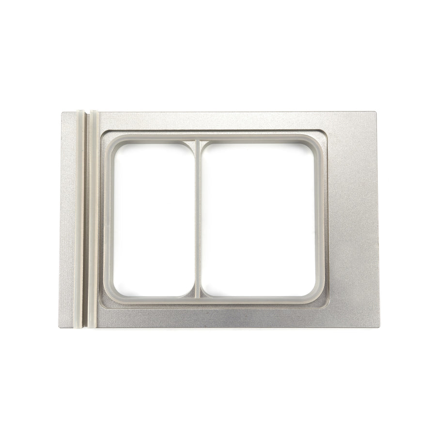 Plateau Maxima de 225x175 mm avec 2 compartiments, petite taille, pour scelleuse de plateaux, vue de face et compartiments.