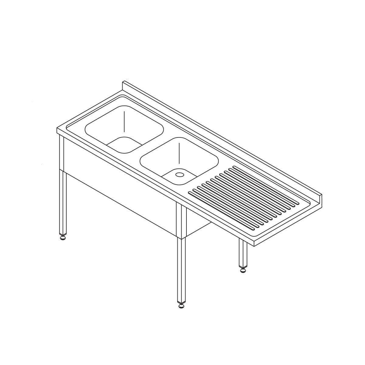 Table lave-vaisselle en inox Maxima, 200x70 cm, avec 2 éviers, dosseret et étagère de rangement, installation gauche.