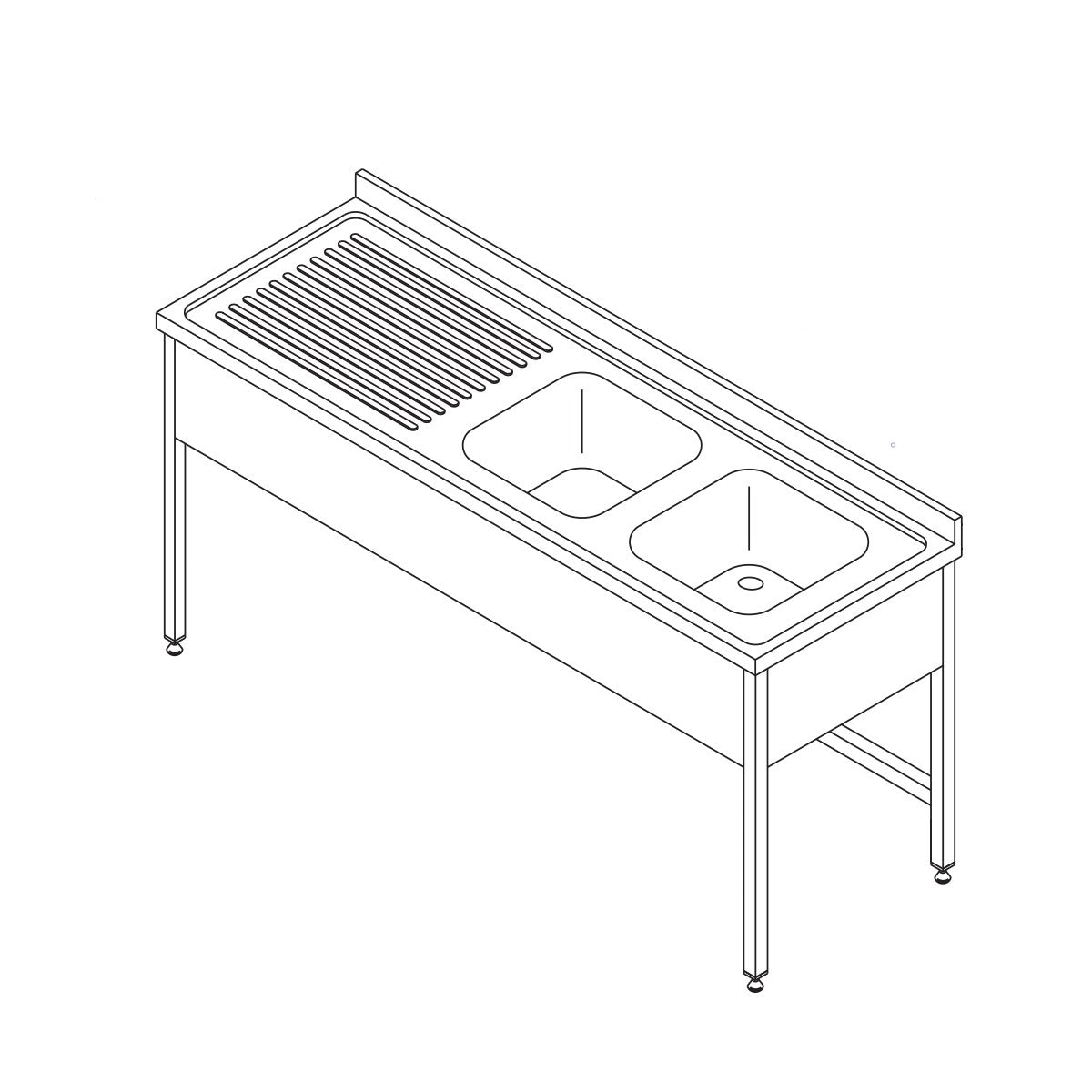 Table lave-vaisselle Maxima en inox, 150x70 cm avec 2 éviers et dosseret, idéale pour cuisine professionnelle.