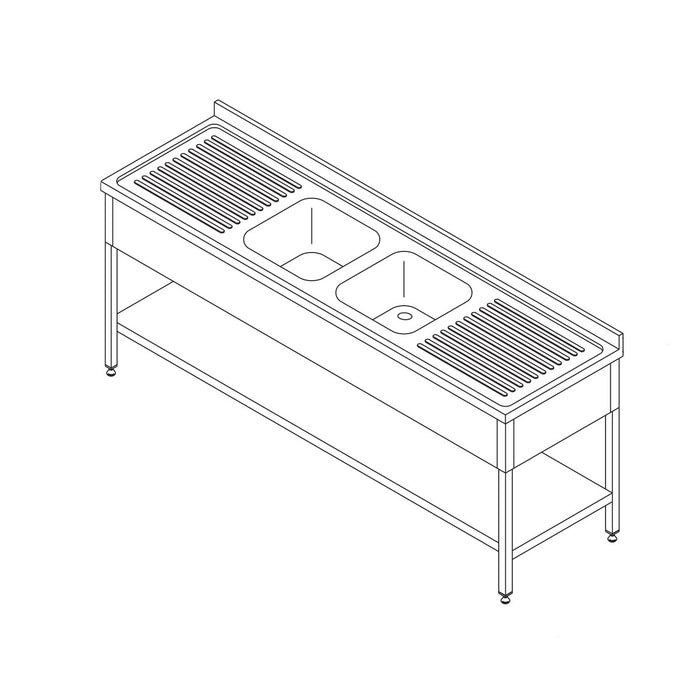 Table lave-vaisselle - 210 x 70 cm - avec 2 éviers et dosseret - incl étagère de rangement