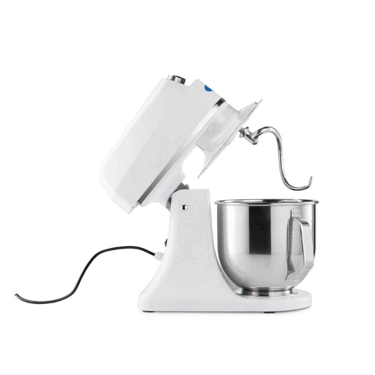 Mélangeur planétaire Maxima blanc de 7 L, capacité jusqu'à 2 kg de pâte, avec fouet et accessoires visibles en image