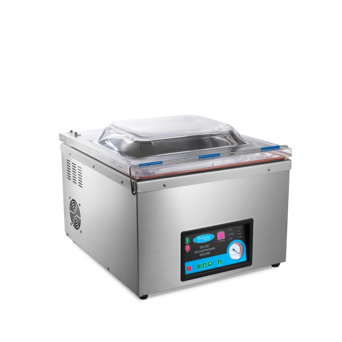 Machine à emballer sous vide Maxima avec joint de 50 cm, chambre de 52x54x20 cm, vue de face avec bac et panneau de contrôle.