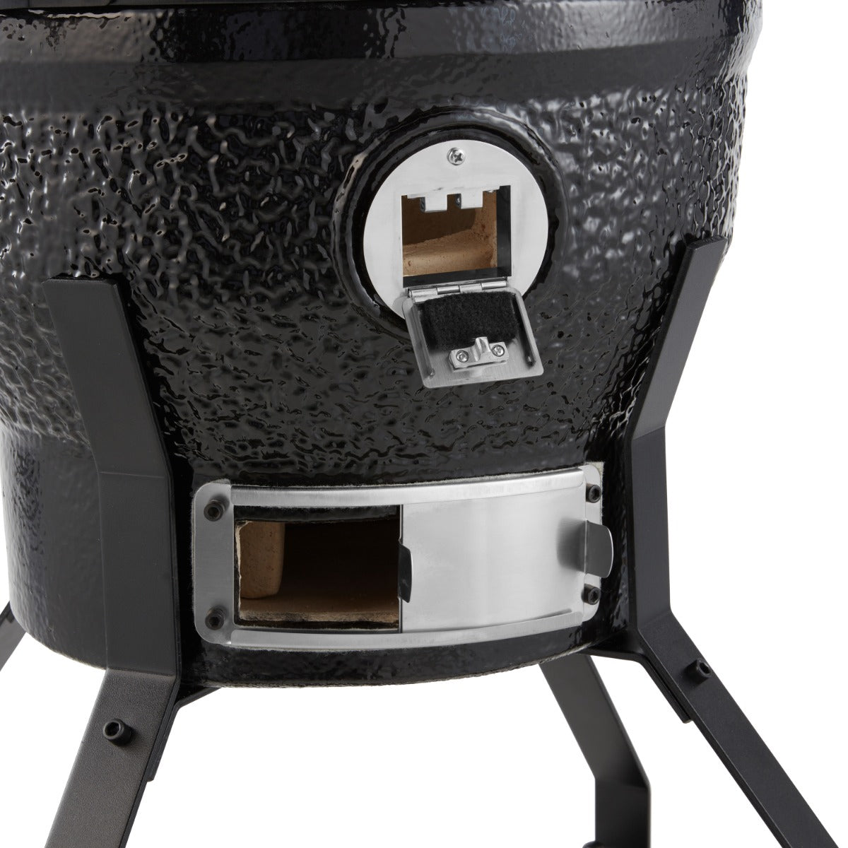 Barbecue Kamado Premium Maxima de 18 pouces, en céramique noire avec cheminée et grille de cuisson en acier.