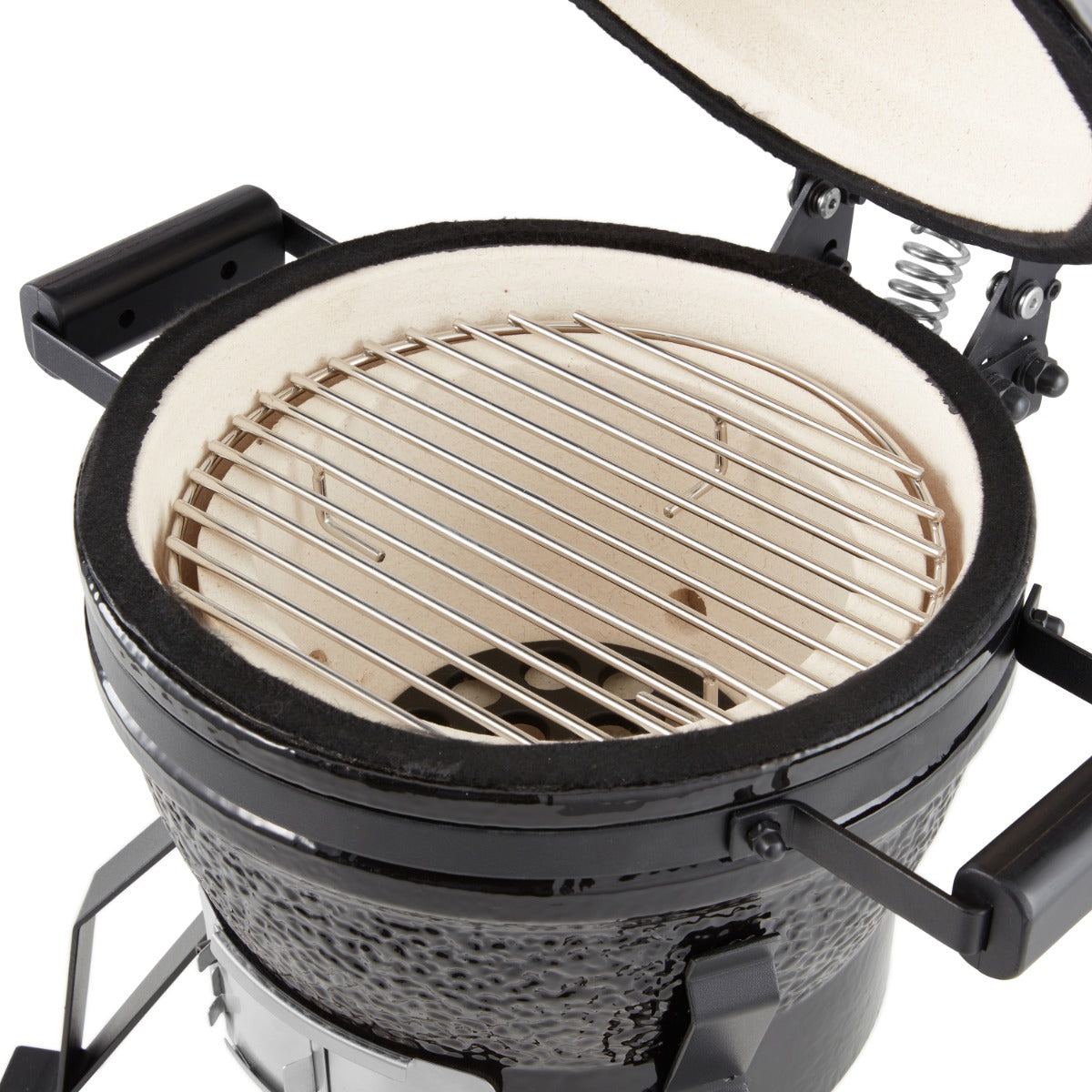 Grille de barbecue Kamado Maxima premium de 13 pouces, en céramique noire, avec couvercle et poignées en acier.