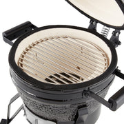 Grille de barbecue Kamado Maxima premium de 13 pouces, en céramique noire, avec couvercle et poignées en acier.