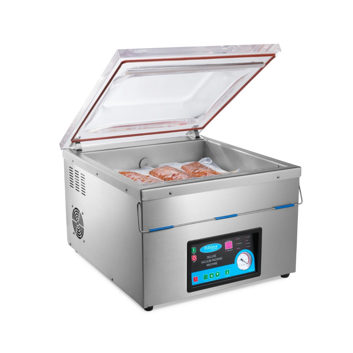Machine à emballer sous vide Maxima avec joint de 50 cm et chambre compacte, dimensions W52 x D54 x H20 cm.