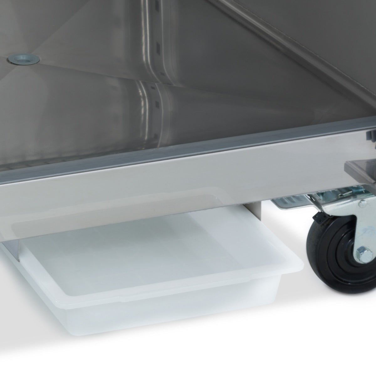 Réfrigérateur à poisson Maxima en acier inoxydable de 600 L avec 7 conteneurs, roulettes, design professionnel.