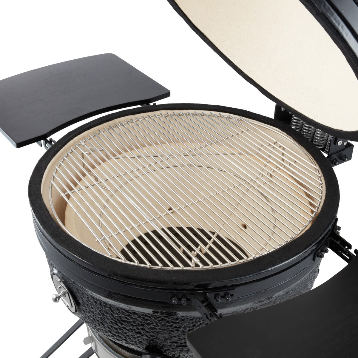 Grille de barbecue kamado premium Maxima de 22 pouces avec surface en céramique noire et poignée en acier.