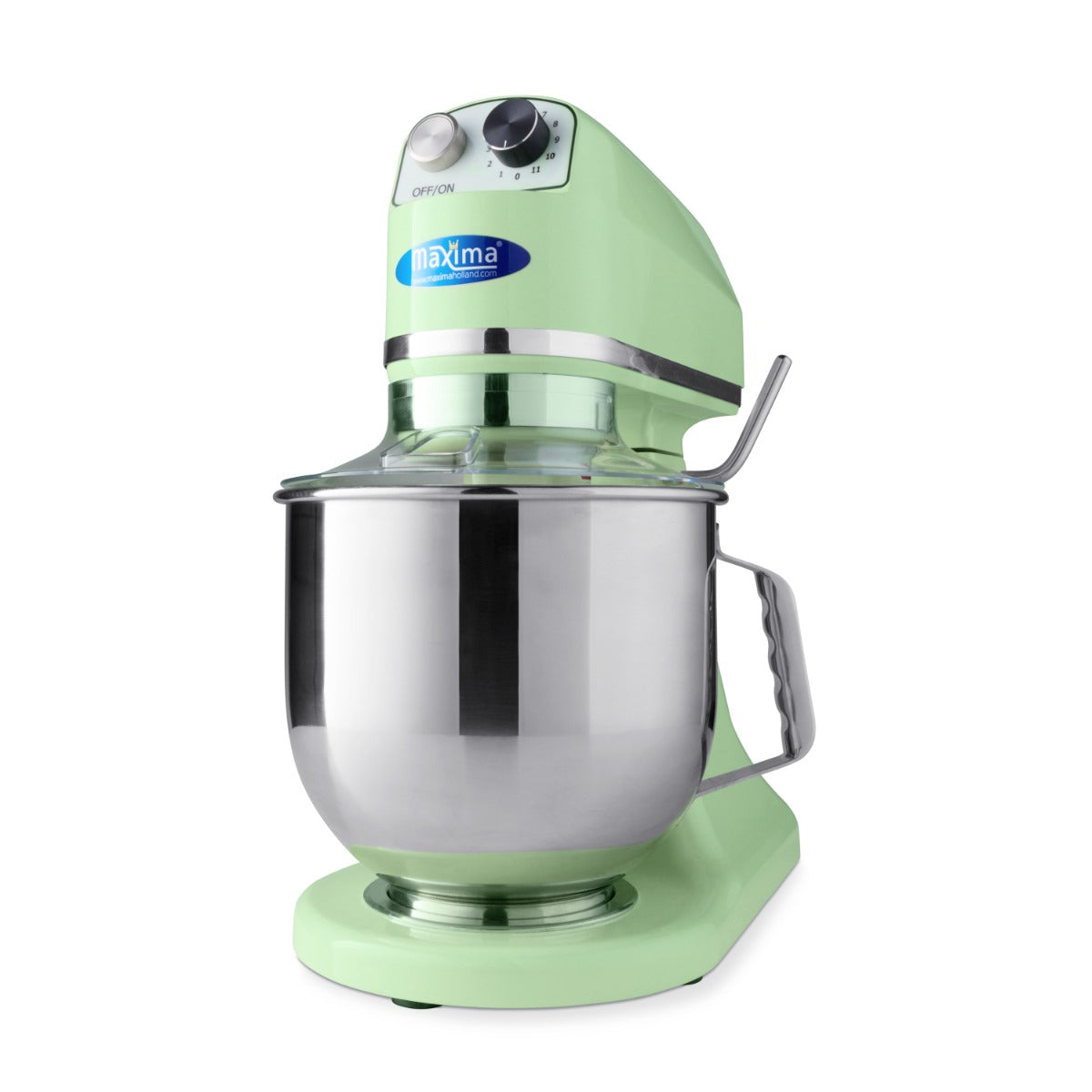 Mélangeur planétaire Maxima vert de 7 L avec bol en acier, pour jusqu'à 2 kg de pâte, vue de face.