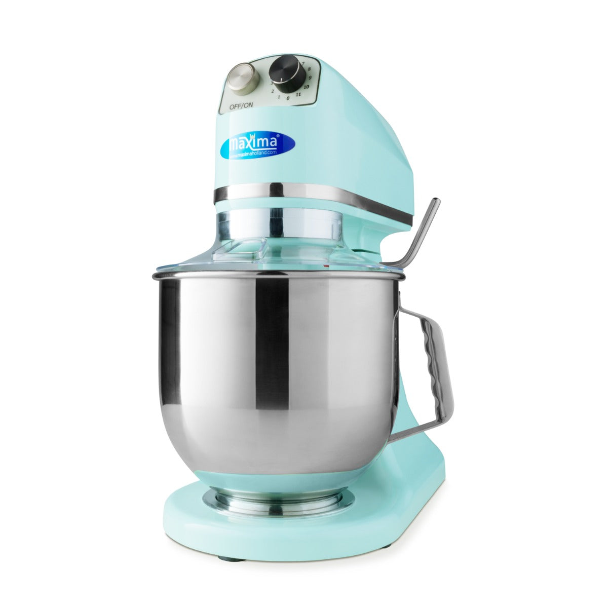 Mixeur planétaire MAXIMA bleu de 7 L, idéal pour 2 kg de pâte, avec bol en acier inoxydable et accessoires inclus.