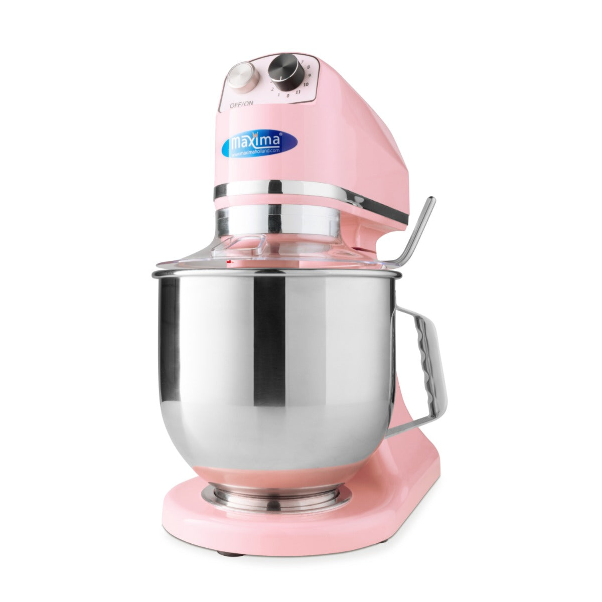Mixeur planétaire MAXIMA rose de 7 L pour pâte jusqu'à 2 kg, avec bol en acier inoxydable et commandes intuitives.