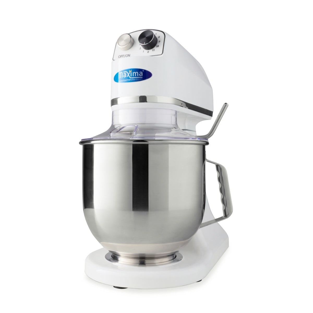 Mélangeur planétaire blanc MAXIMA de 7 L, idéal pour jusqu'à 2 kg de pâte, avec bol en acier inoxydable.