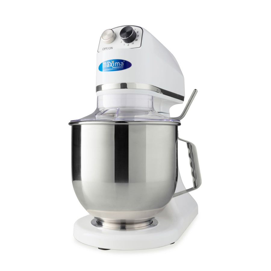 Mélangeur planétaire Maxima blanc de 7 L avec bol, idéal pour 2 kg de pâte, vue de face avec fouets et accessoires.