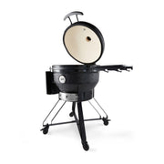 Barbecue kamado premium Maxima de 26 pouces avec surface de cuisson en céramique noire et porte en acier robuste.