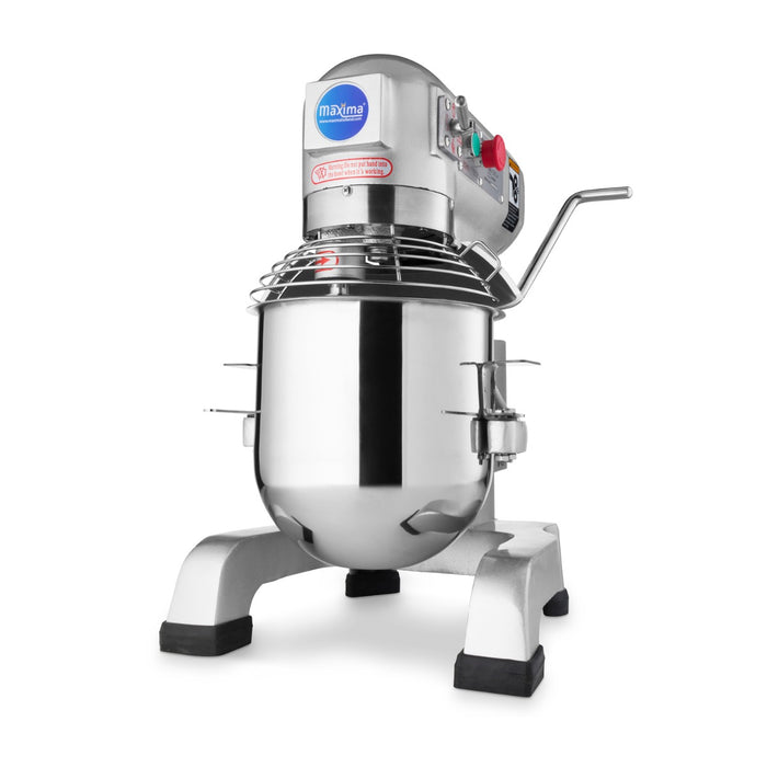 Mixeur planétaire Maxima de 10L avec bol, poignée et commandes, capacité jusqu'à 5 kg de pâte, 3 vitesses, utilisé en cuisine professionnelle.