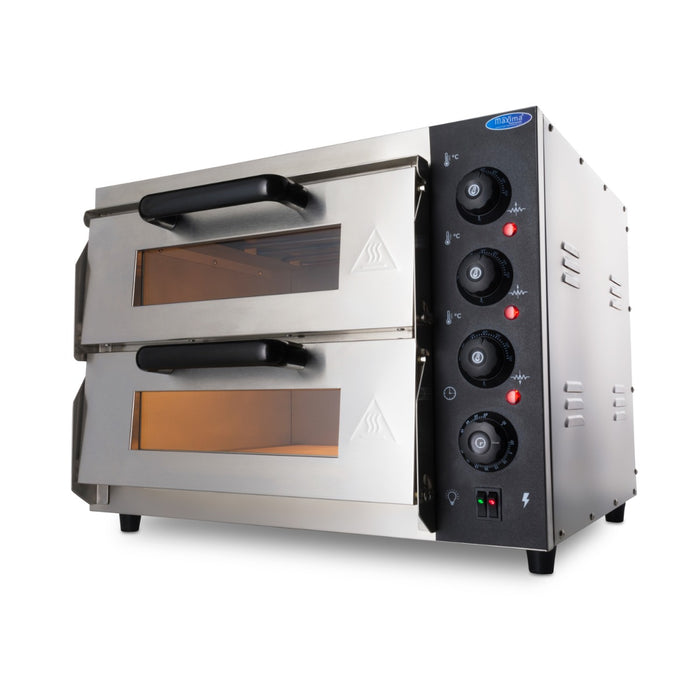 Four à pizza Maxima double étage pour deux pizzas de 40 cm, avec espace de cuisson visible et structure en acier.