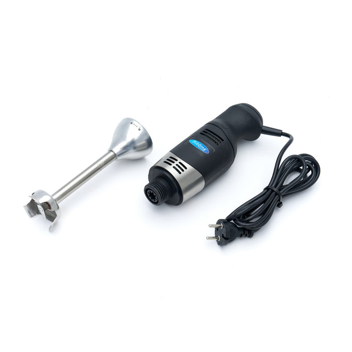 Mixeur plongeant Maxima avec manche de 15 cm et puissance de 220W, vue du bâton mixeur prêt à l'emploi.