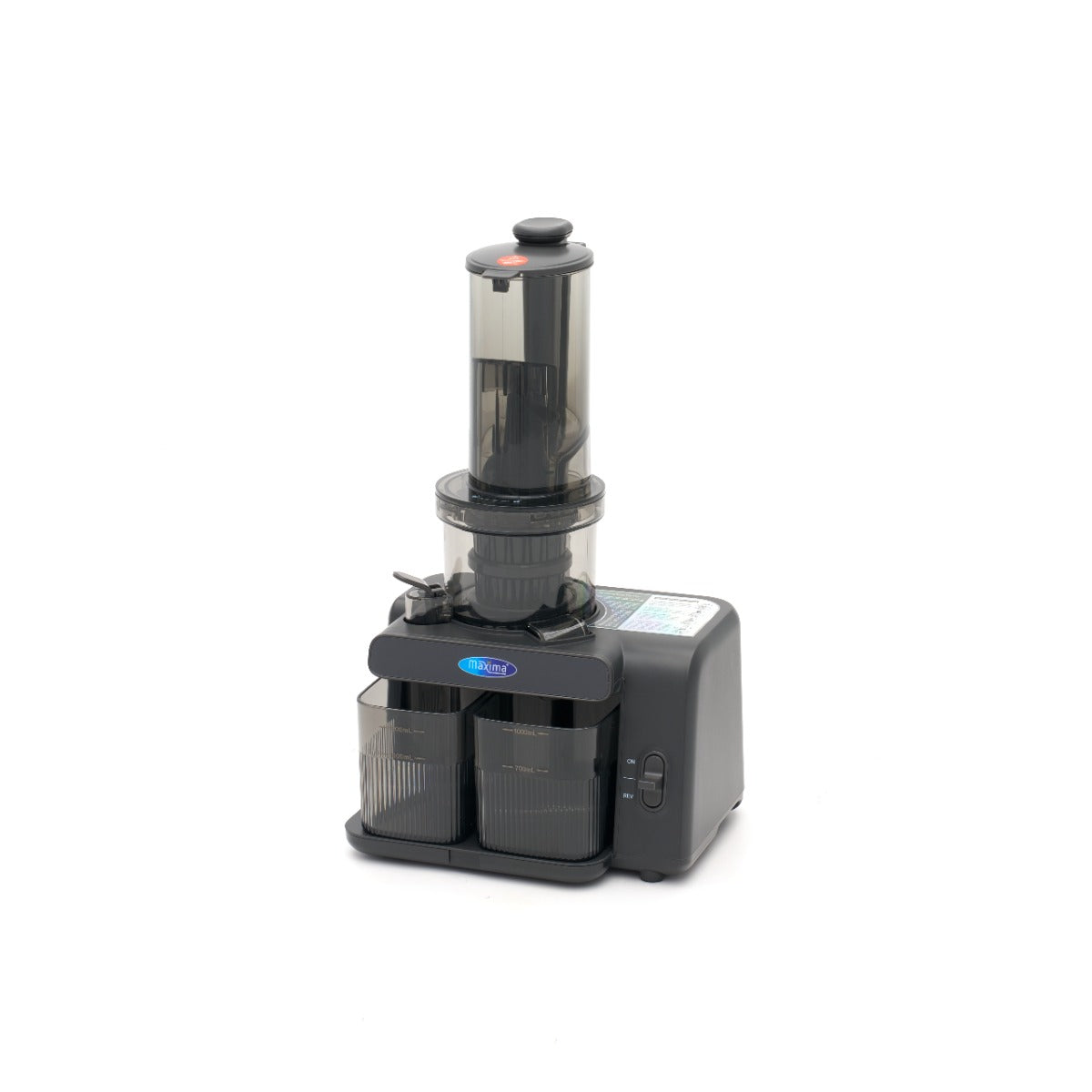 Extracteur de jus Maxima professionnel, presse-agrumes lent avec récipient à jus de 0,8L, en action dans une cuisine.