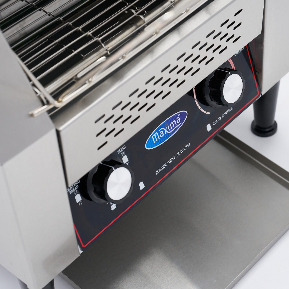 Grille-pain Maxima convoyeur pour 300 tranches/h, vitesse réglable, avec plateau inclus, vue de face, en action.