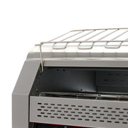 Grille-pain à convoyeur Maxima pour 450 tranches par heure, vue de face avec bande transporteuse en inox.