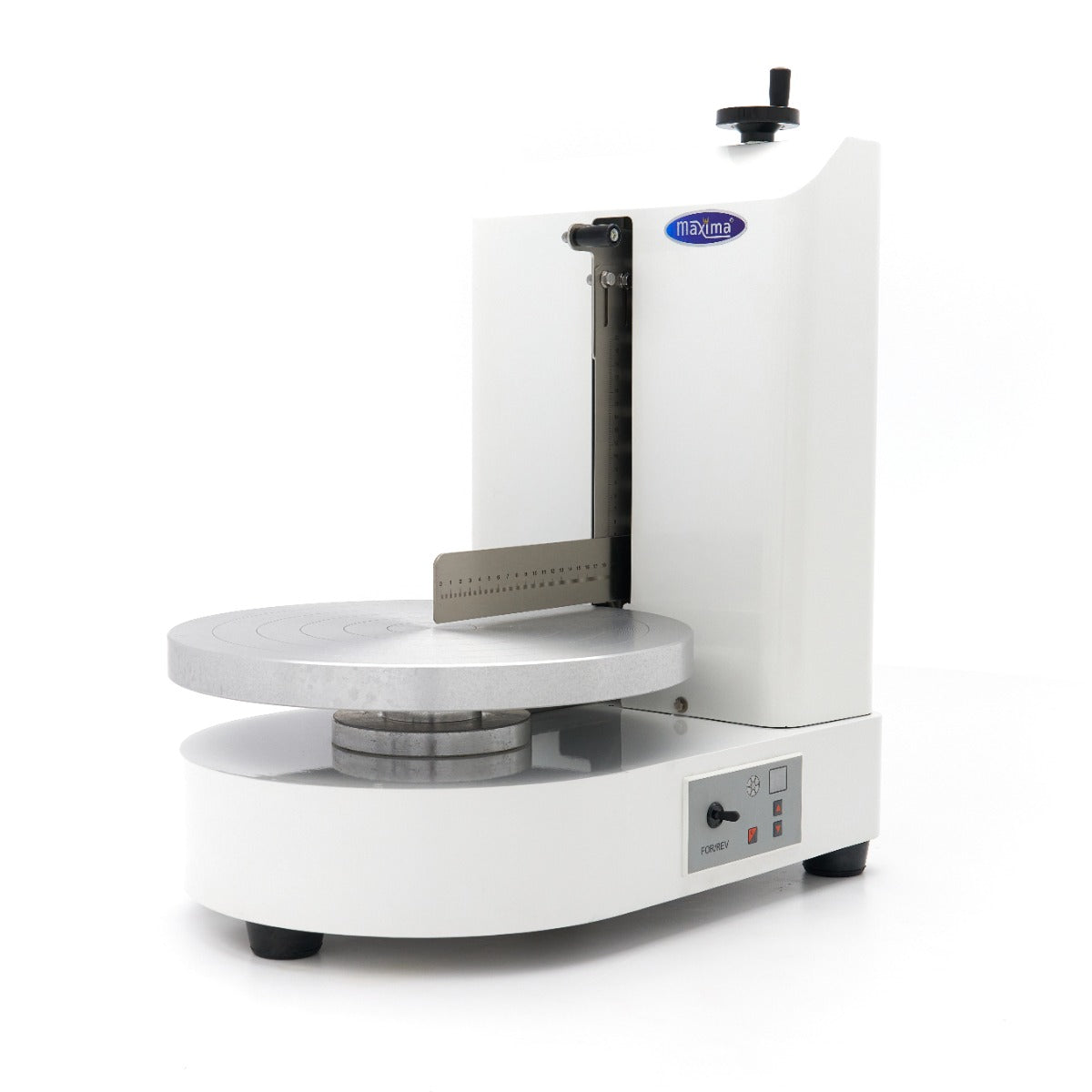 Machine à décorer les gâteaux Maxima, diamètre 36,4 cm, en plastique blanc, utilisée pour la décoration de gâteaux.