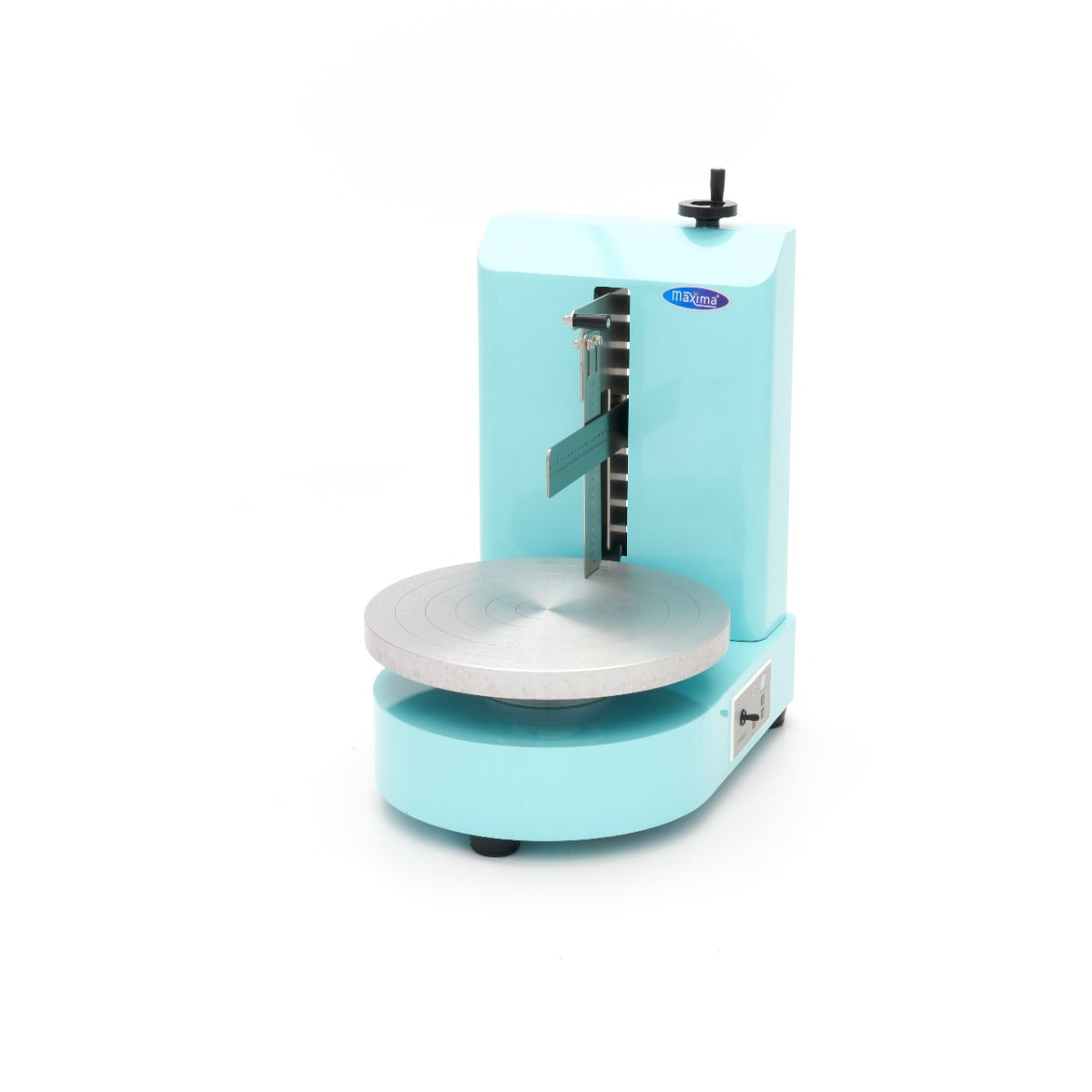 Machine à décorer les gâteaux Maxima, diamètre 36,4 cm, en plastique bleu avec accessoires pour la décoration.