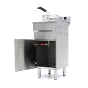 Friteuse Maxima de 16 L avec panier, robinet de vidange, support, alimentation 230V, en acier inoxydable.