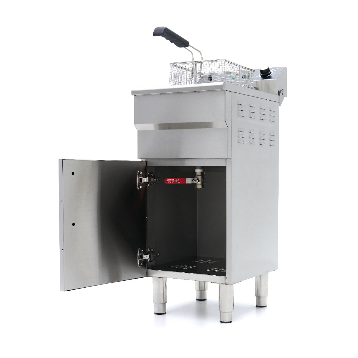 Friteuse Maxima de 16 L avec panier, robinet de vidange, support, alimentation 230V, en acier inoxydable.