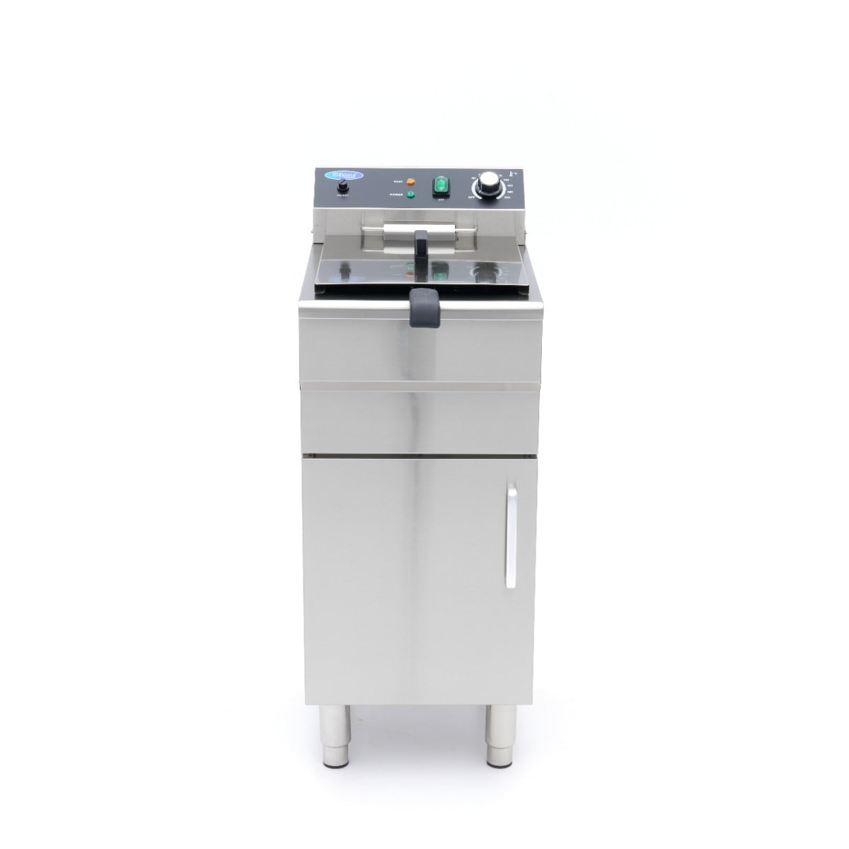 Friteuse Maxima de 16 L avec un panier, robinet de vidange et support, alimentation 230V, vue en gros plan.